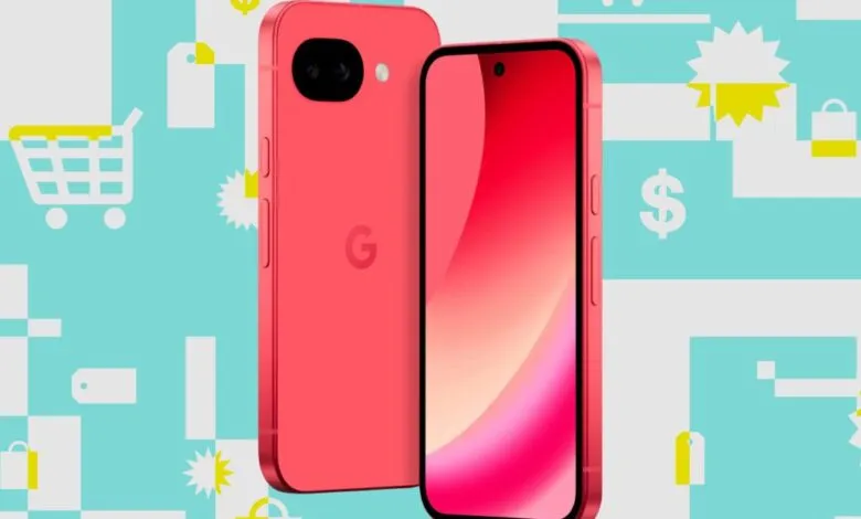 Coral Google Pixel phone on a shopping-themed background.