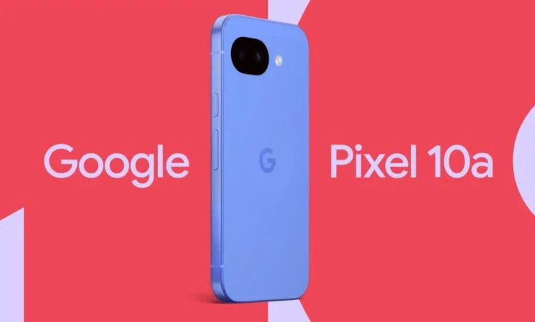 Google Pixel 10a phone in blue against a red and white background.