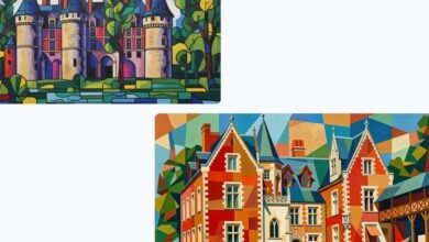 Two colorful, abstract paintings of European castles with geometric shapes and vibrant colors.