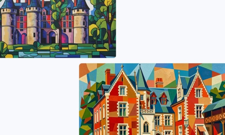 Two colorful, abstract paintings of European castles with geometric shapes and vibrant colors.