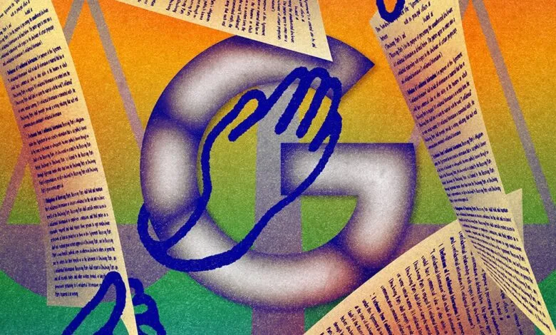 Google logo with hand and legal documents, suggesting legal issues.