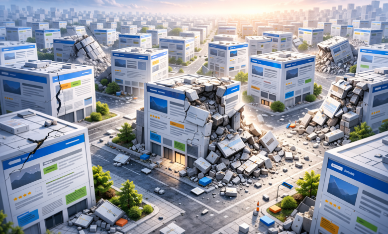 Cityscape of website buildings, some crumbling, suggesting website decay or SEO penalties.