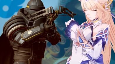 Armored figure aims crossbow at anime-style woman in white and blue dress.