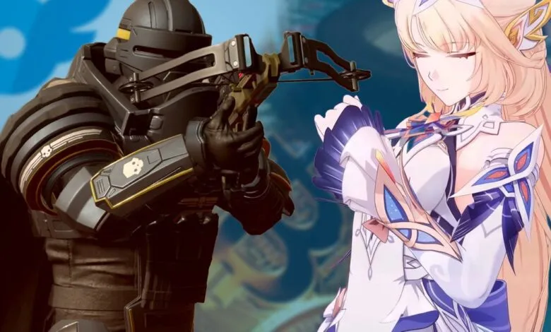 Armored figure aims crossbow at anime-style woman in white and blue dress.