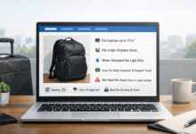 Laptop displays a product page for a black backpack, with luggage nearby.