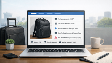 Laptop displays a product page for a black backpack, with luggage nearby.