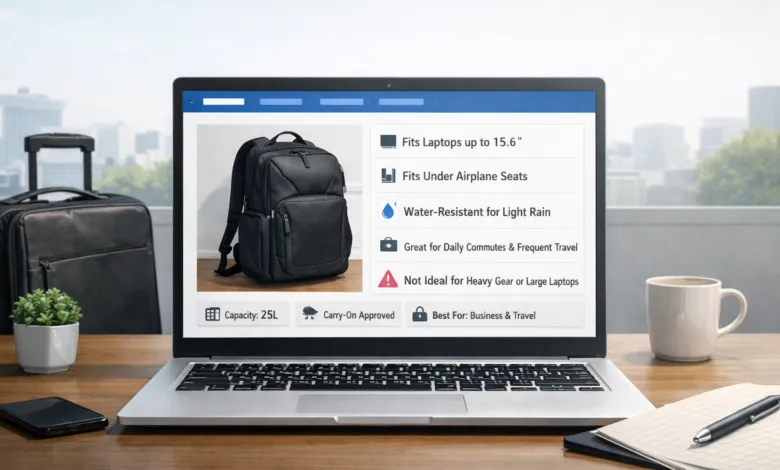 Laptop displays a product page for a black backpack, with luggage nearby.