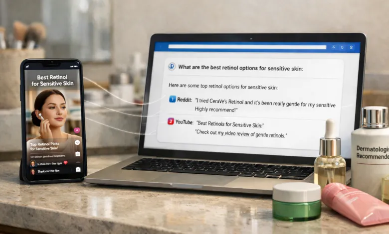 Phone and laptop display retinol options from social media and search.