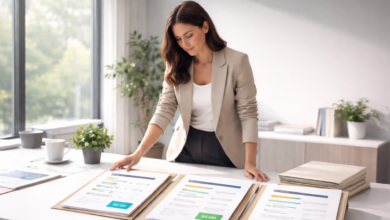 Woman in blazer reviews documents on a bright, modern desk.