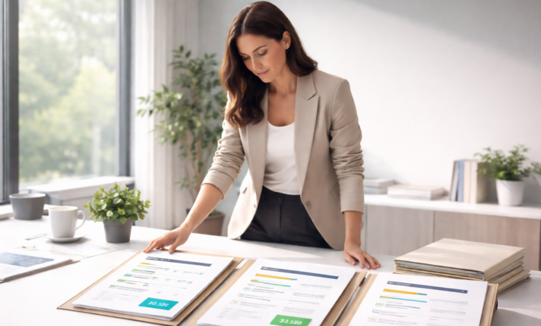 Woman in blazer reviews documents on a bright, modern desk.
