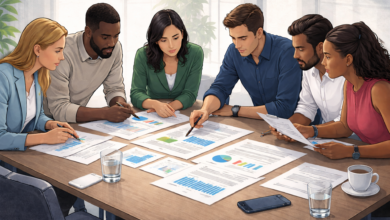 Diverse team collaborates on data analysis, reviewing charts and documents.