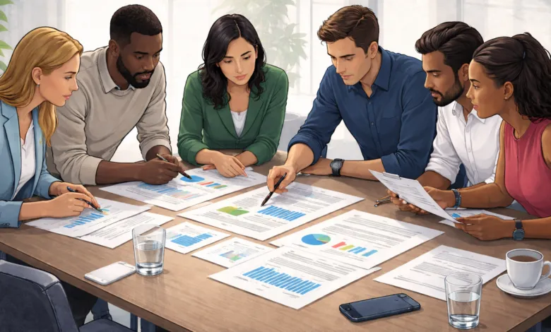 Diverse team collaborates on data analysis, reviewing charts and documents.