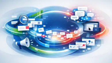 Digital marketing illustration with SEO, analytics, and communication icons.