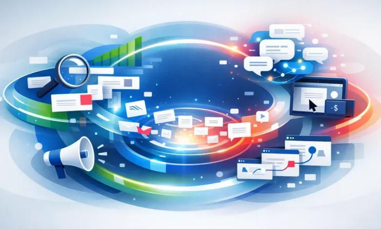 Digital marketing illustration with SEO, analytics, and communication icons.