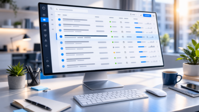 Computer monitor displays a dashboard interface on a bright, modern desk.
