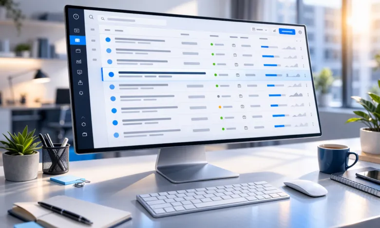 Computer monitor displays a dashboard interface on a bright, modern desk.