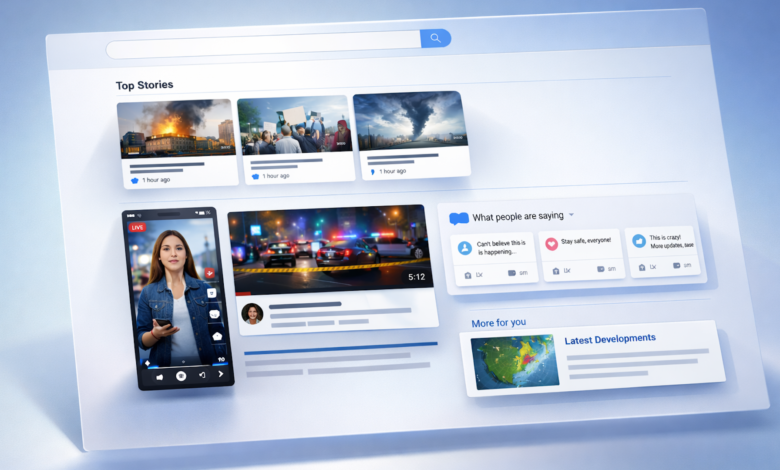 News aggregator interface showing top stories, live video, and social commentary.