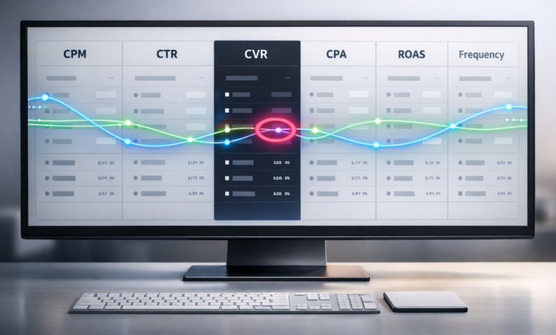 Computer screen displays marketing metrics: CPM, CTR, CVR, CPA, ROAS, Frequency.