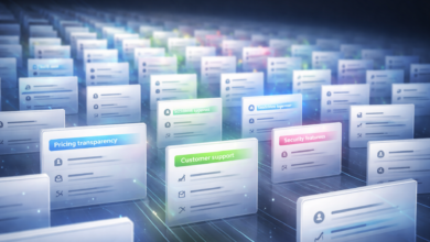 Rows of digital cards displaying business features like pricing and support.