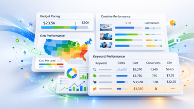 Digital marketing dashboard showing budget pacing, geo, creative, and keyword performance.