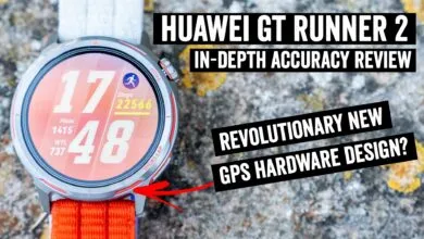 Huawei GT Runner 2 smartwatch displaying fitness data on a textured background.
