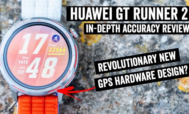 Huawei GT Runner 2 smartwatch displaying fitness data on a textured background.
