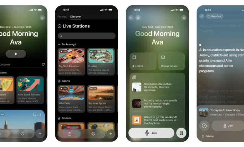 Huxe app interface showing personalized news, events, and AI-related content on a smartphone.