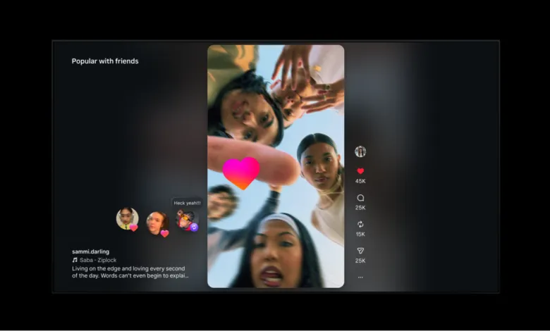 TV screen showing a social media reel of friends looking down at the camera.