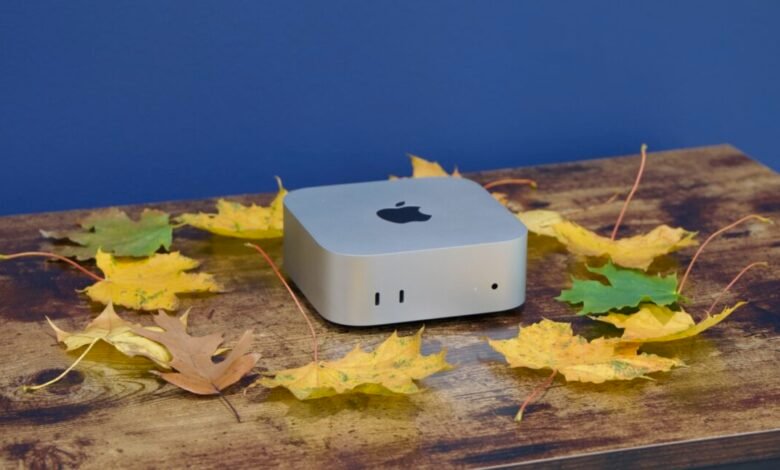 Apple Mac Mini on wood surface surrounded by colorful autumn leaves.