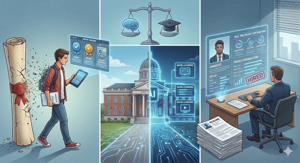 Digital transformation of education and career paths, showing traditional vs modern learning.