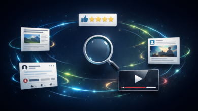 Magnifying glass surrounded by social media icons and a 4-star rating.