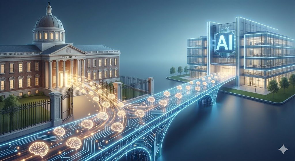 University building connected to AI building by bridge with brain icons.