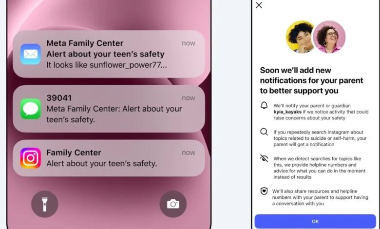 Screenshot of iPhone notifications from Meta Family Center alerting about teen safety concerns.