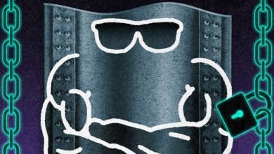 Abstract illustration of a muscular figure behind a metal barrier with chains.