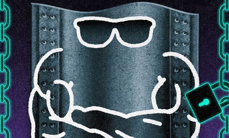 Abstract illustration of a muscular figure behind a metal barrier with chains.