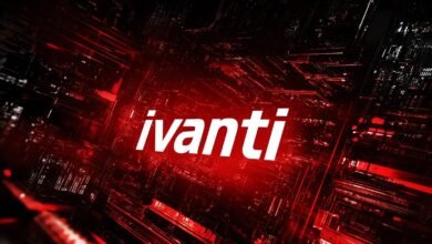 Ivanti logo on a red and black abstract tech background.