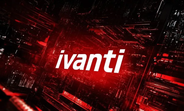 Ivanti logo on a red and black abstract tech background.