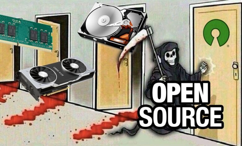 Humorous image of computer parts and the Grim Reaper with 'Open Source' text.