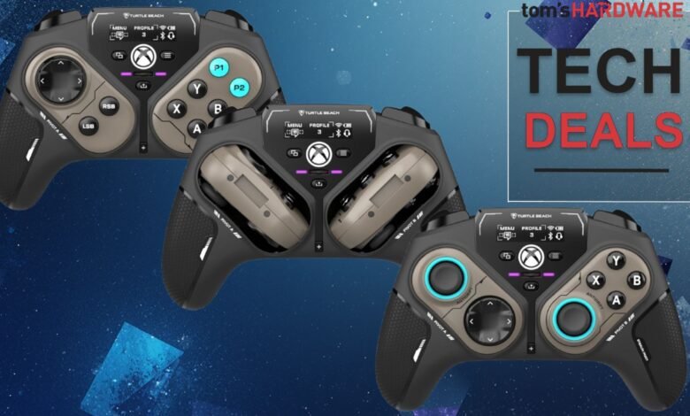 Three Turtle Beach Stealth Pivot controllers on a starry background.