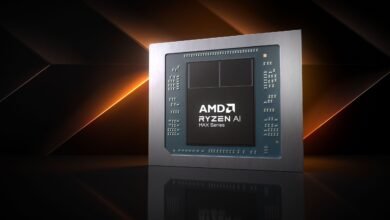 AMD Ryzen AI Max Series processor chip close-up on dark background.
