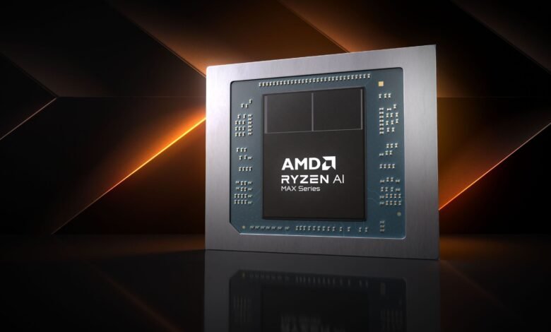 AMD Ryzen AI Max Series processor chip close-up on dark background.