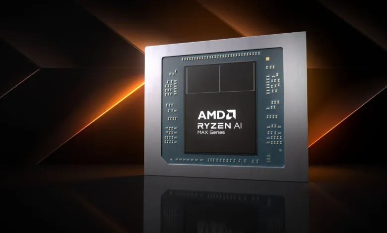 AMD Ryzen AI Max Series processor chip close-up on dark background.
