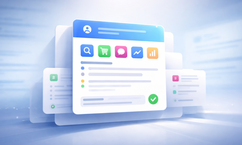 Abstract illustration of app interfaces with icons and checkmark.