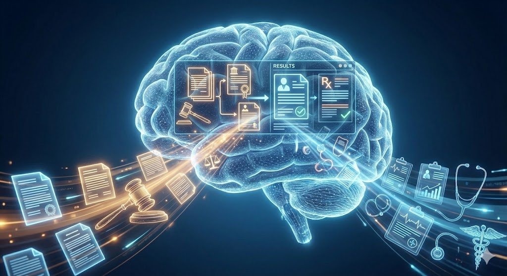 Digital brain with legal and medical icons flowing in and out.
