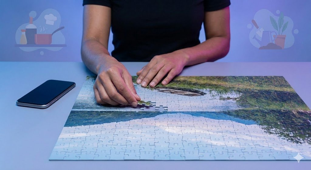 Person assembling a landscape jigsaw puzzle on a table with a phone.