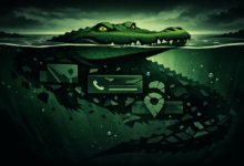 Alligator in water with local SEO icons on its body.