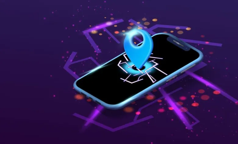 Blue location pin on smartphone screen with glowing network lines.
