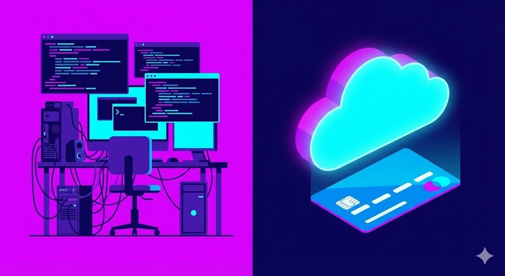 Illustration comparing local development setup with cloud-based development environment.