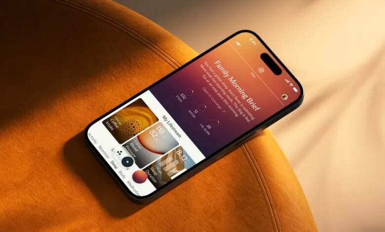 Smartphone displaying a 'Family Morning Brief' app on an orange chair.