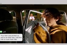 Teen in car with backpack, Lyft notification on screen.